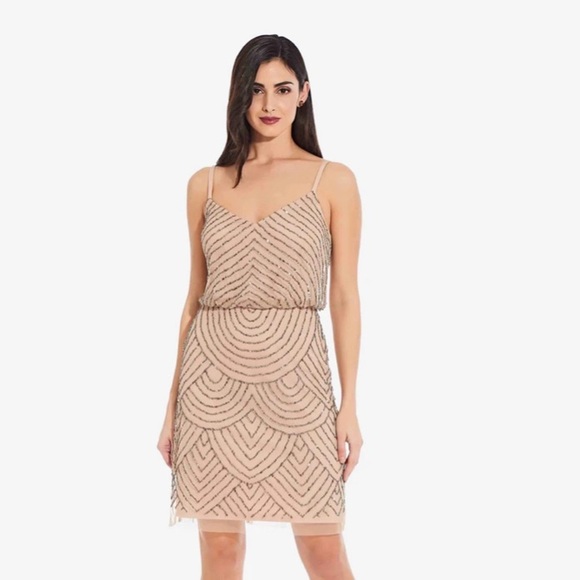 Adriana Papell sequin blouson dress in Taupe Pink - Picture 1 of 7